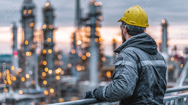 Fototapeta Engineer holding safety helmet and looking at oil refinery in the background