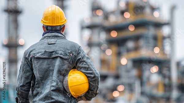Fototapeta Engineer holding safety helmet and looking at oil refinery in the background