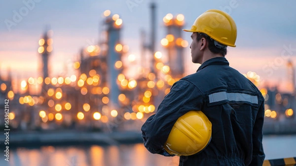 Fototapeta Engineer holding safety helmet and looking at oil refinery in the background