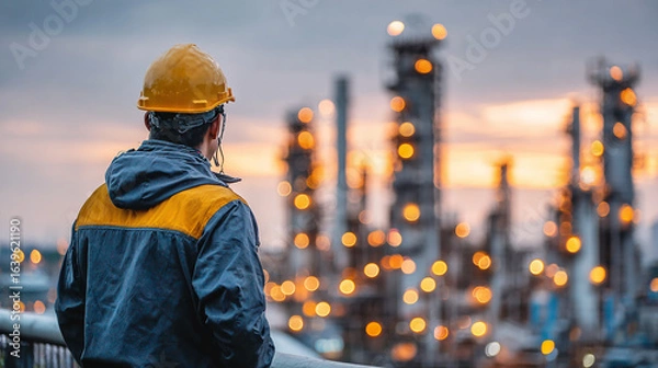 Fototapeta Engineer holding safety helmet and looking at oil refinery in the background