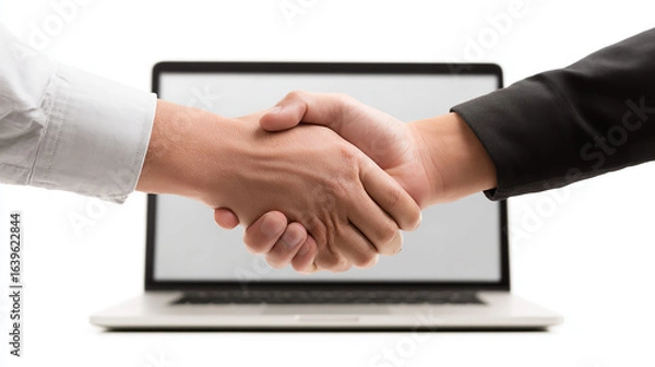 Fototapeta Hands shaking digitally in concept of online business agreement, white background.