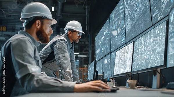 Fototapeta Industrial engineers planning logistics and production on digital dashboard
