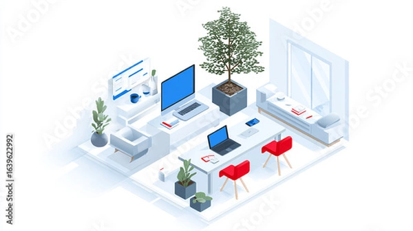 Fototapeta Isometric illustration of remote work setup with devices on white background.