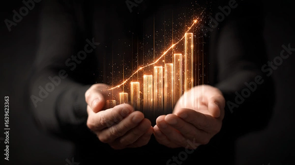Fototapeta Man holding upward trending chart in hands with glowing effect.