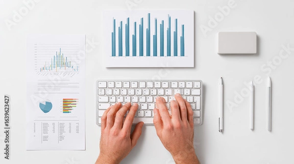 Fototapeta Man typing on keyboard with financial report beside, white background isolated image.