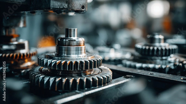 Fototapeta Mechanical engineer working with industrial gears and machine parts