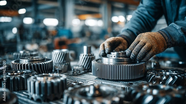 Fototapeta Mechanical engineer working with industrial gears and machine parts