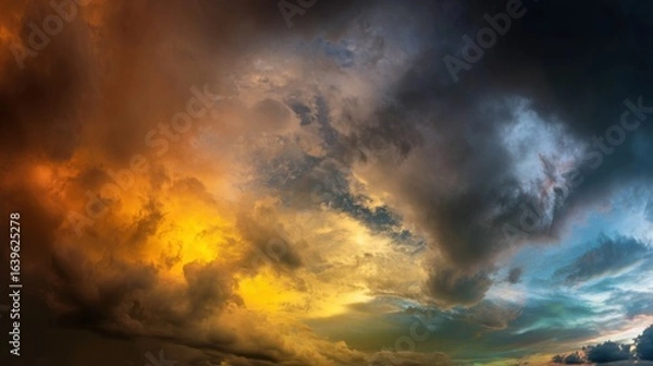 Obraz Dramatic sunrise and sunset sky with vibrant clouds, showcasing warm and cool color contrasts in a panoramic view.