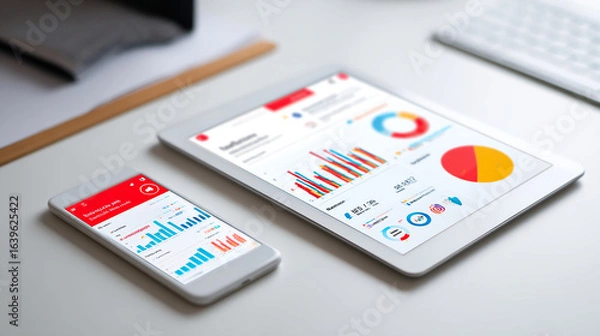 Fototapeta Tablet and smartphone displaying social media marketing data on white background.