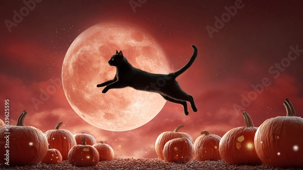 Fototapeta Black cat leaping over carved pumpkins under large, glowing full moon with reddish sky, creating spooky Halloween scene with mysterious and festive atmosphere