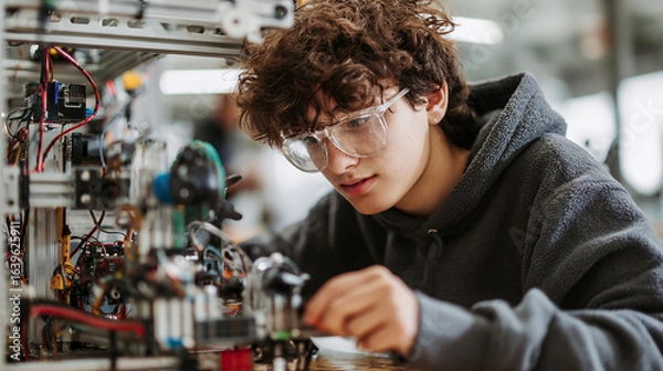 Fototapeta Young engineer student working on robotics project in classroom
