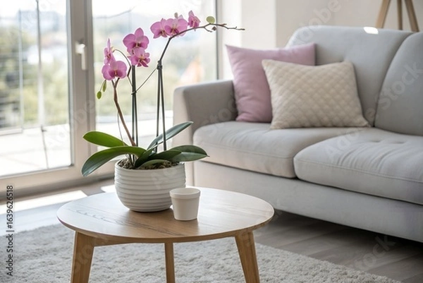 Fototapeta A delicate pink orchid in a white pot sits on a wooden coffee table in a bright, modern living room with a comfortable sofa and natural light streaming through the window