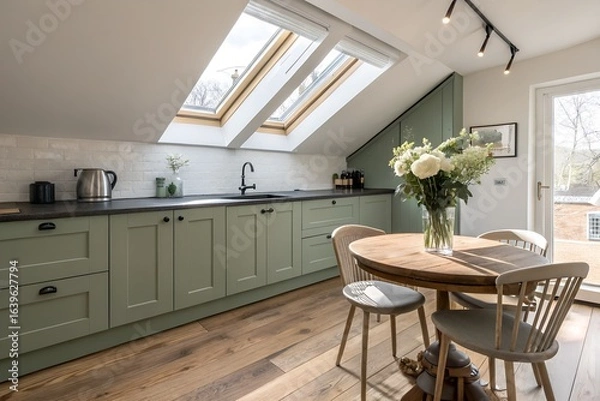 Fototapeta A bright and airy kitchen with green cabinets, a wooden dining table and chairs, and skylights providing natural light