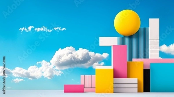 Fototapeta Vibrant geometric shapes and colorful sun modern art installation urban setting abstract environment aesthetic viewpoint contemporary concept for seo impact