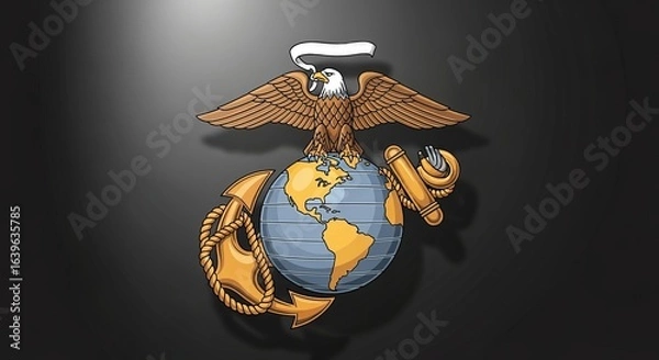 Fototapeta Detailed Eagle Perched on Globe with Anchor on Black Background