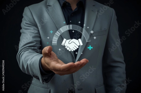 Fototapeta Businessman hand holding a digital business card with a globe icon, connecting the world through a global social network