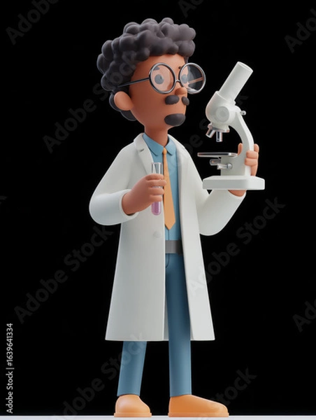 Fototapeta A scientist in a lab coat holding a microscope and test tube, depicted in a cartoon style.