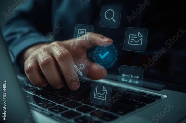 Fototapeta A person's hand is shown typing on a laptop computer with a keyboard in an office setting, highlighting online communication and digital work