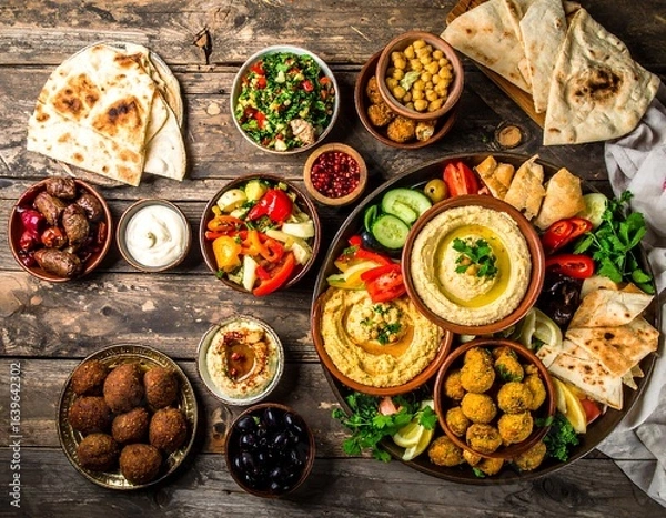 Fototapeta Two fresh and healthy vegetarian falafel wraps with lettuce and tomato, served as a Mediterranean meal.