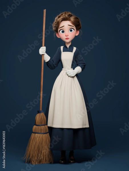 Fototapeta Animated character dressed in a maid uniform holding a broom