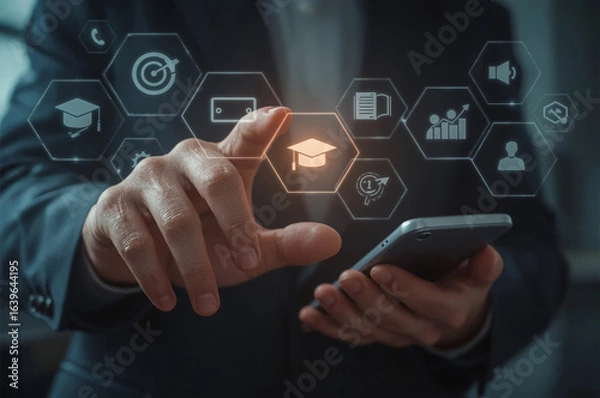 Fototapeta Businessman using his finger to press a digital social media icon on a touchscreen computer