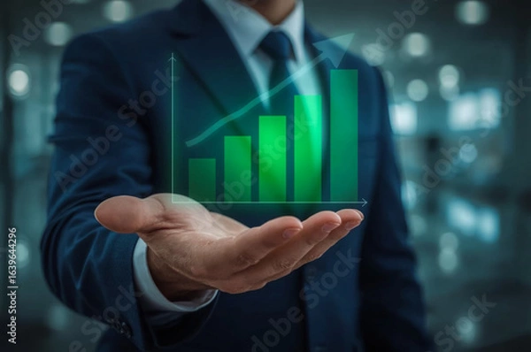 Fototapeta Businessman pushes a virtual graph on a digital screen, showing business growth and innovation