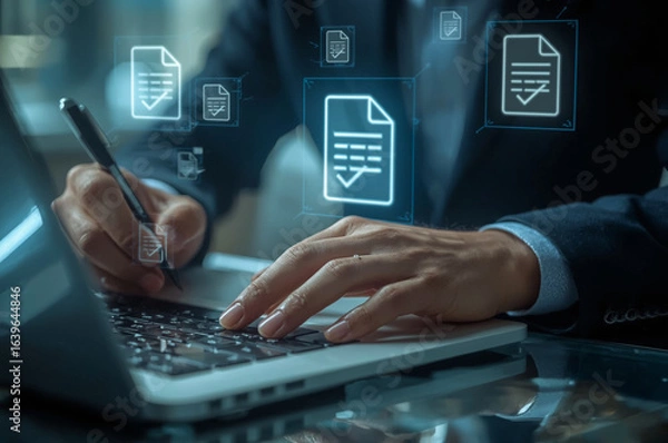 Fototapeta Closeup of hands on a laptop keyboard, a finger pushing an enter key