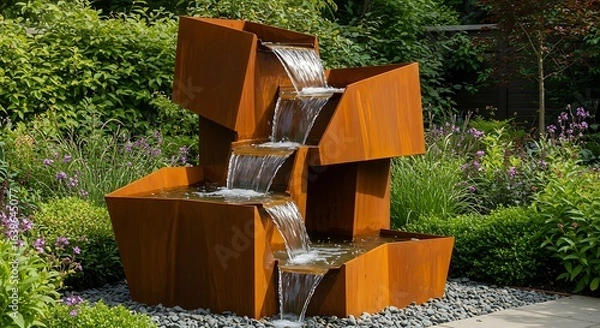Obraz Modern Geometric Rusted Steel Fountain Cascading in a Lush Garden Oasis