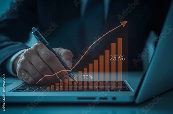 Fototapeta Hand with a pen analyzing a financial business growth chart on a laptop screen