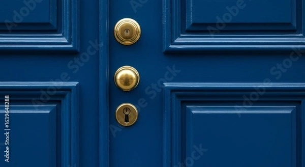 Fototapeta Close-up of a blue paneled door with three golden-colored knobs or locks aligned vertically in the center of the frame.
