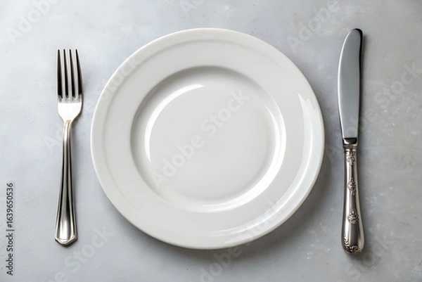 Fototapeta An empty white plate with a fork and knife set on a grey surface, symbolizing a clean slate for dining, meal preparation, or a minimalist culinary presentation
