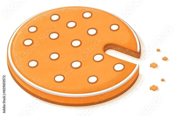 Fototapeta A round gingerbread cookie with white icing and polka dot decoration, with a piece cut out and crumbs scattered, isolated on a white background