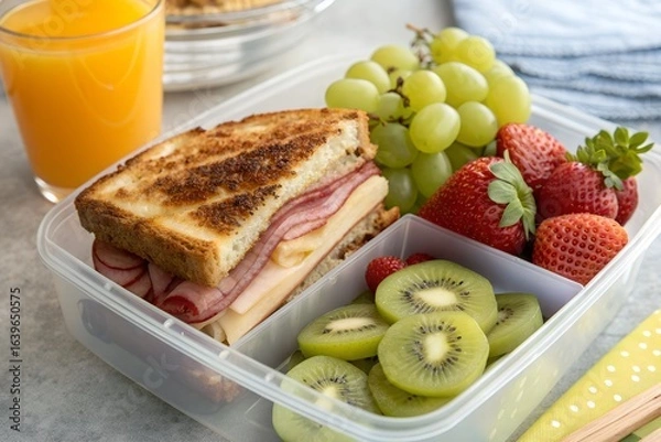 Fototapeta Healthy lunchbox with a grilled ham and cheese sandwich, fresh grapes, strawberries, kiwi slices, and a glass of orange juice