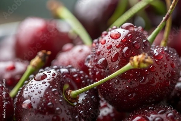 Fototapeta Closeup macro shot of fresh ripe red cherries with water drops, showcasing their juicy texture and vibrant color, perfect for summer desserts and healthy eating