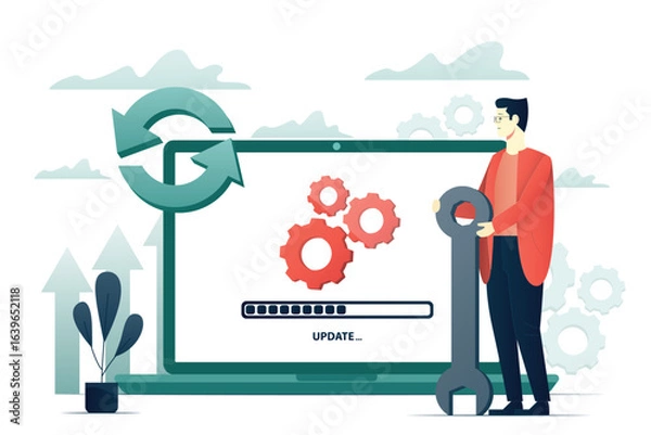 Obraz User with spanner and laptop synchronizing. Software update flat style business illustration 