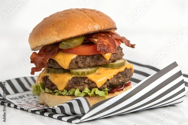 Fototapeta A delicious double beef burger with bacon, cheese, lettuce, tomato, onion, and pickles on a sesame seed bun, served on a striped napkin
