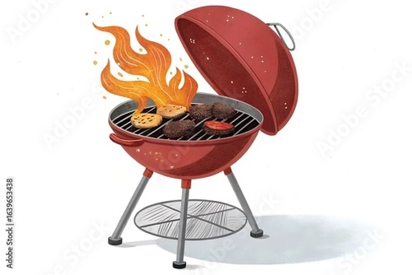 Fototapeta Red barbecue grill with burgers and flames, symbolizing summer outdoor cooking and delicious food