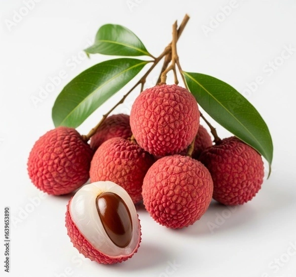 Fototapeta Vibrant fresh lychee fruit cluster with peeled juicy segments on a rustic wooden table