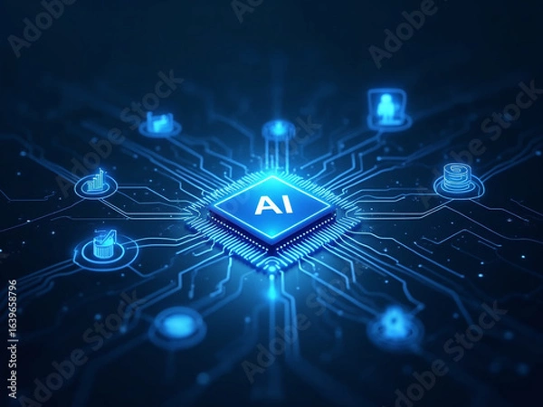 Fototapeta A futuristic glowing blue AI chip on a micro processor circuit board radiating glowing blue lines surrounded by various types of digital icons representing advanced technology and digital innovation.