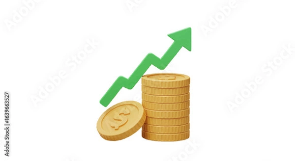 Obraz 3D vector icon of a stack of coins with upward arrow, plain white background, finance growth