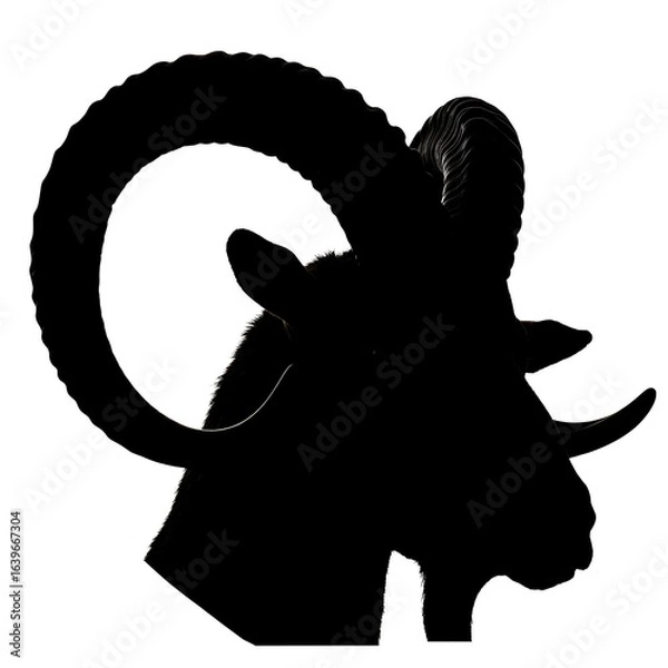 Obraz Black vector silhouette of a ram's head in profile. An isolated graphic icon representing strength, power, and the zodiac.