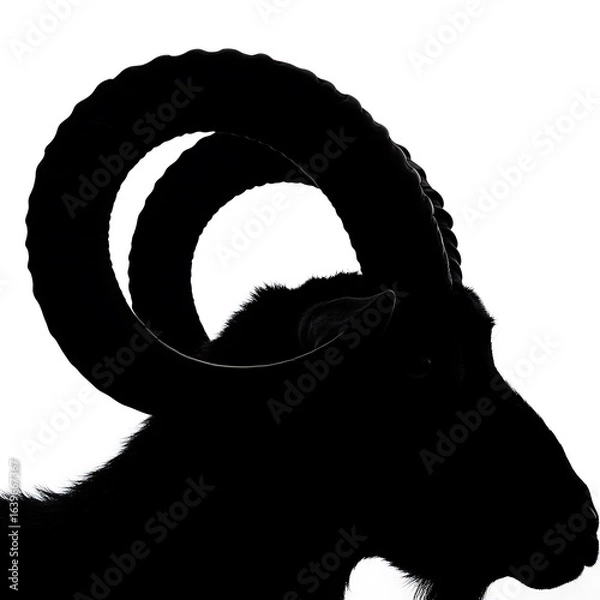 Obraz A striking black silhouette of a majestic wild ram with large, curved horns. A powerful animal profile isolated on a white background.
