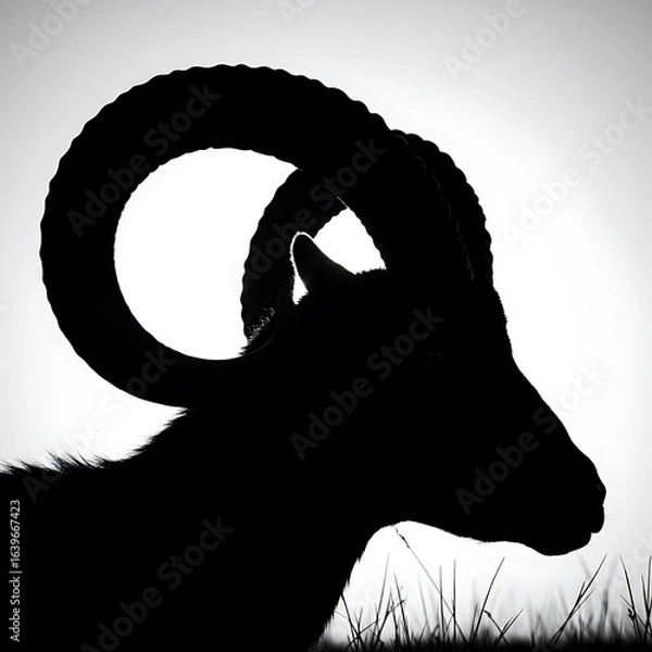Obraz Artistic black and white silhouette of a wild ram. The powerful profile highlights the magnificent curling horns of a bighorn sheep.