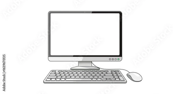 Fototapeta Modern desktop computer with a blank white screen, keyboard, and mouse. Isolated vector illustration for technology concepts.