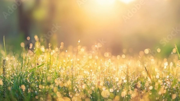 Fototapeta A tranquil sunrise over a lush green field, dewdrops glistening like tiny jewels in the morning light.