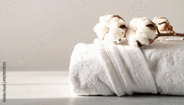 Fototapeta 明るいグレーの上にきちんと畳まれたオーガニックコットンのローブ、朝の柔らかな光

