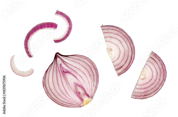 Fototapeta Red onion slices isolated on a white background, top view, contour