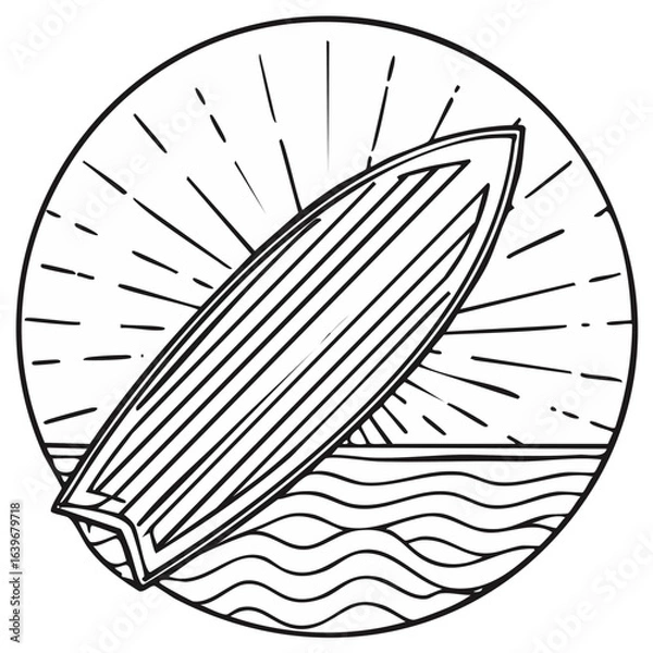 Fototapeta Retro surfboard design with sunburst and ocean waves in a circular graphic