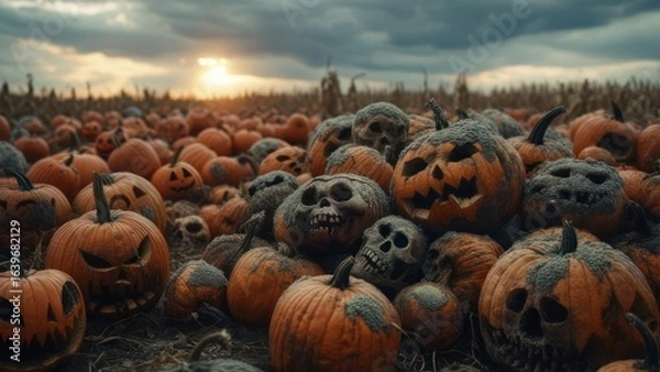 Obraz Carved pumpkins in a field at sunset