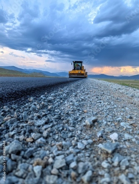 Fototapeta Construction vehicle working on a gravel road under a dramatic sky with distant mountains and clouds